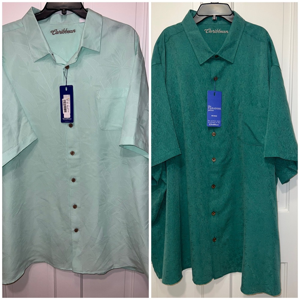 Lot of 2 NEW Caribbean Big Man Tropical Palm Jacquard Shirt Mint Green 4XB